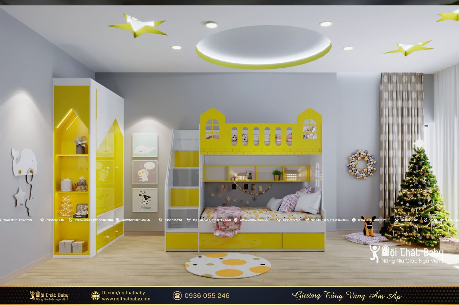 Thiết kế giường tầng màu vàng ấm áp dành cho bé